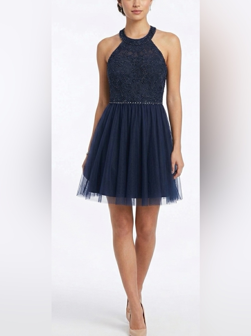 JJs House Navy Beaded Halter Neck Short Tulle Dress